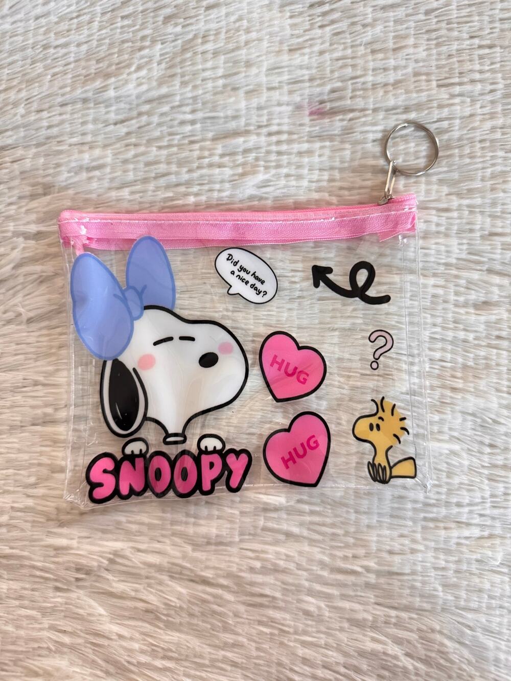 Snoopy Belle clear pouch keychain pink zipper Snoopy hearts and text